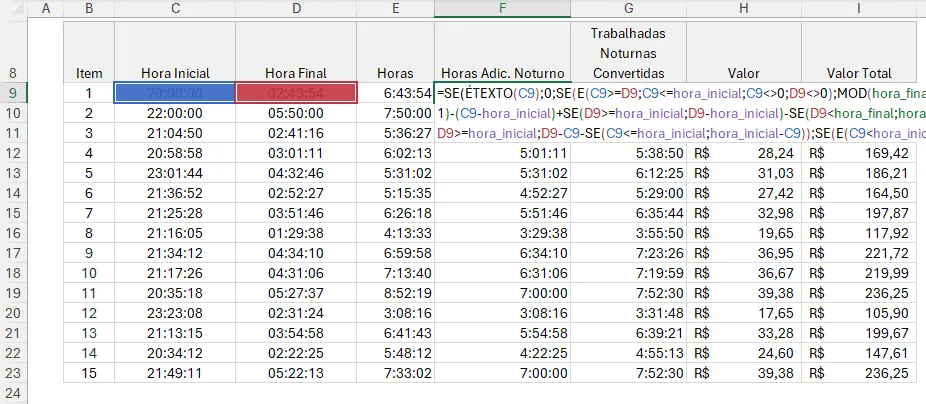 hora adicional noturna no Excel 4