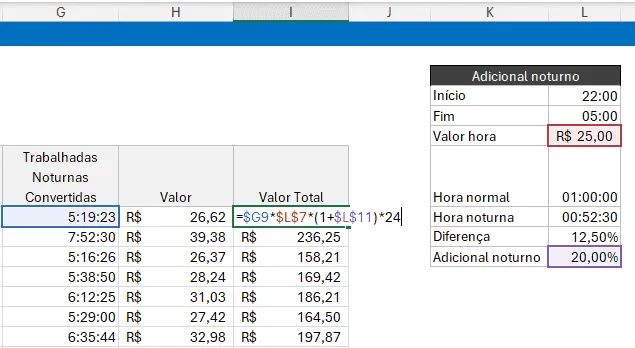 hora adicional noturna no Excel 7