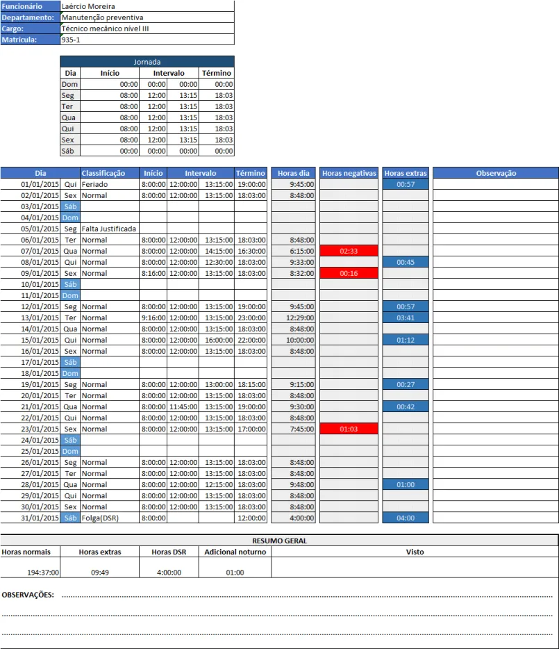 Hora extra e banco de horas Excel grátis 11