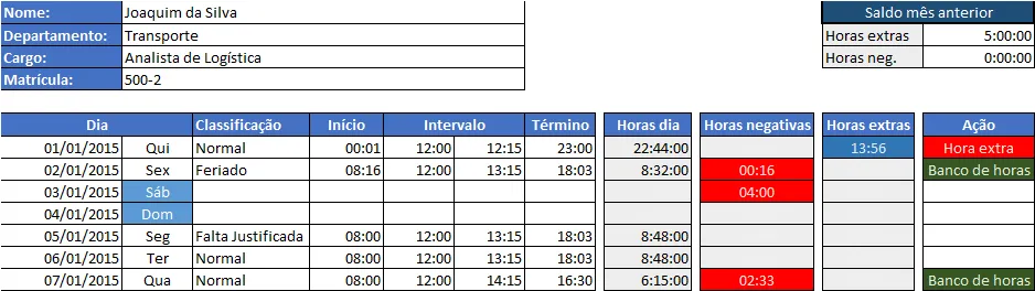 Hora extra e banco de horas Excel grátis 3
