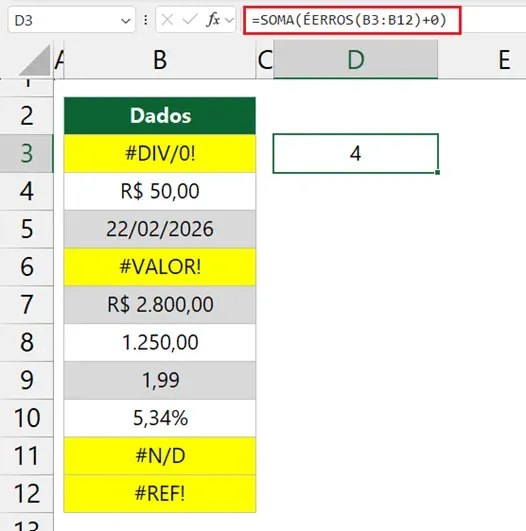 contar erros no Excel