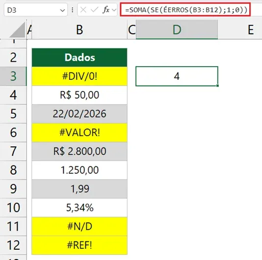 contar erros no Excel