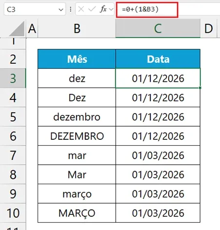 primeira data do mês no Excel
