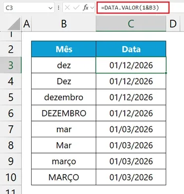 primeira data do mês no Excel