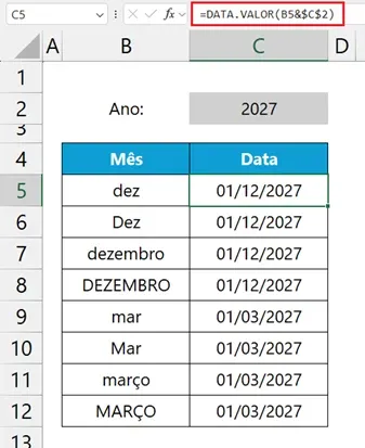 primeira data do mês no Excel