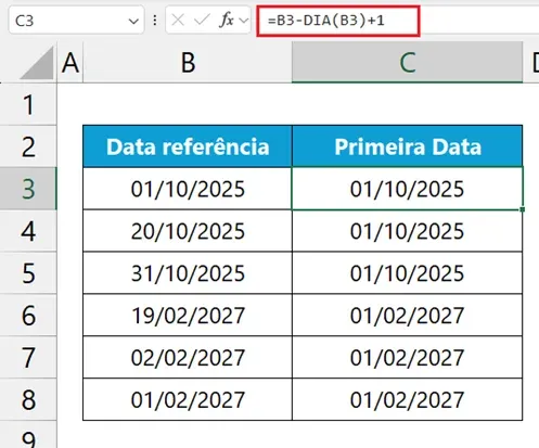 primeira data do mês no Excel