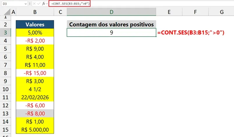 contar apenas números positivos excel