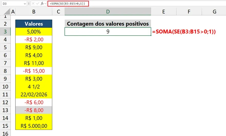 contar apenas números positivos excel