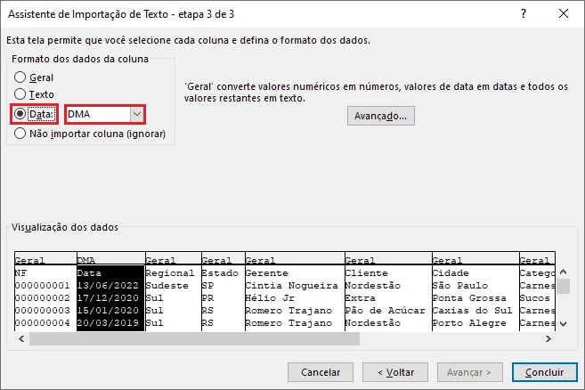 Importar txt para o Excel 10