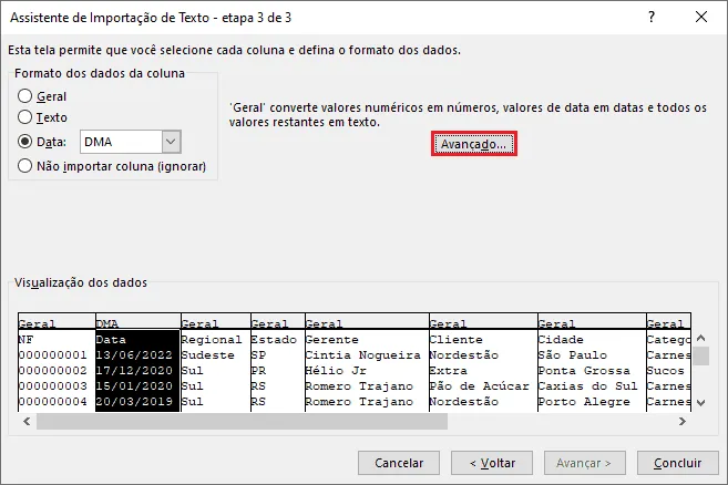 Importar txt para o Excel 11
