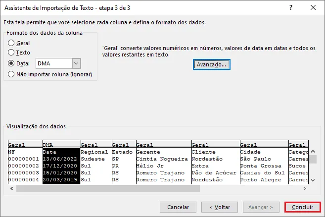 Importar txt para o Excel 13