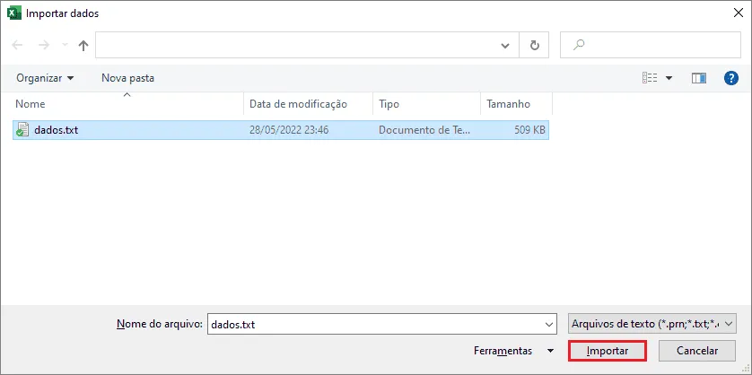 Importar txt para o Excel 16