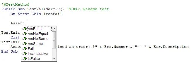 Teste unitário Excel VBA