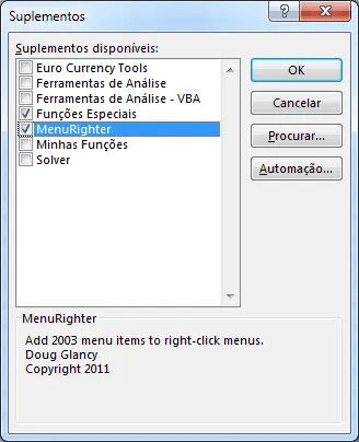 Instalar suplemento botão direito Excel