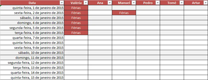 Mapa de férias Excel