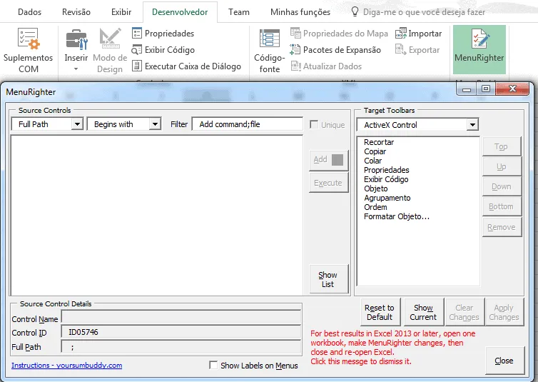 Menu botão direito Excel alterar 2