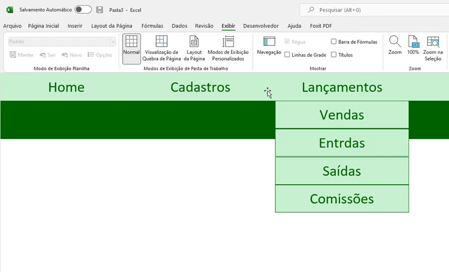 Menus de sistema no Excel 7