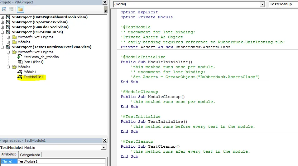 Teste unitário Excel VBA