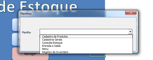 Formulário de navegação entre planilhas