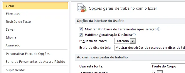Conhecendo as opções do Excel - Geral