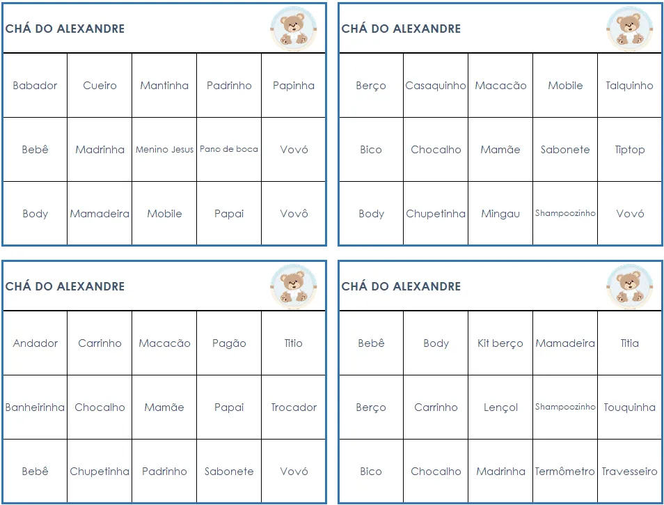 Planilha de bingo de chá de bebê Excel 4