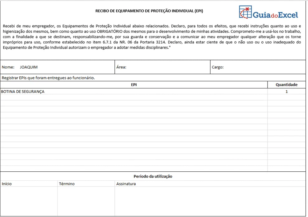 Planilha de Controle de EPI Excel 2
