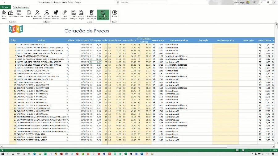Planilha de cotação de preços Excel 1
