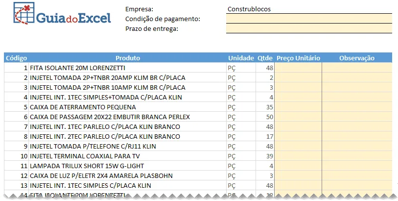 Planilha de cotação de preços Excel Automática 5