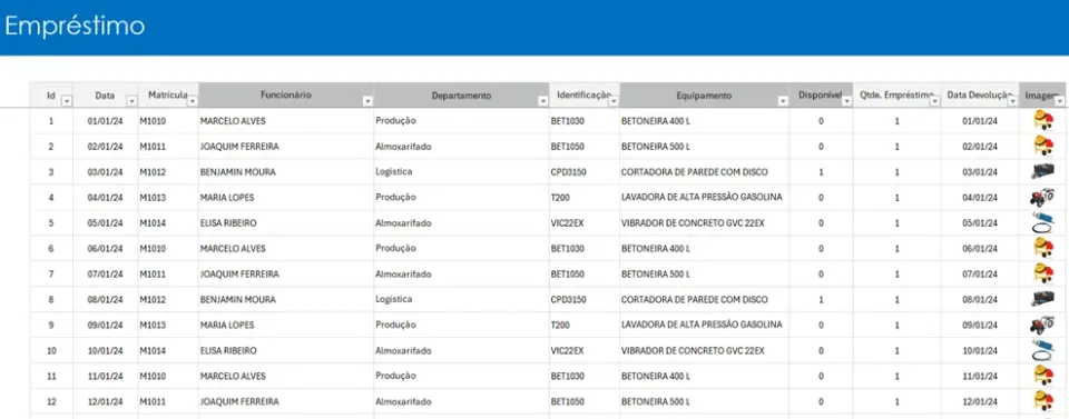 Planilha de Empréstimo de Equipamentos 3