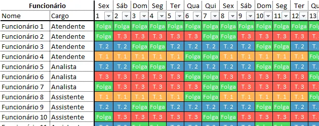 Escala de funcionários em Excel Manual