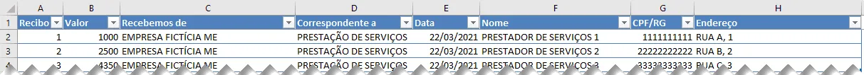Planilha de geração e impressão de recibos em Excel 2