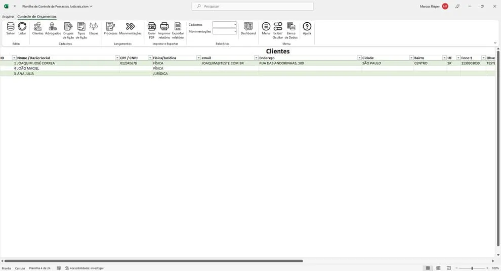 Planilha de Processos Judiciais Excel 2