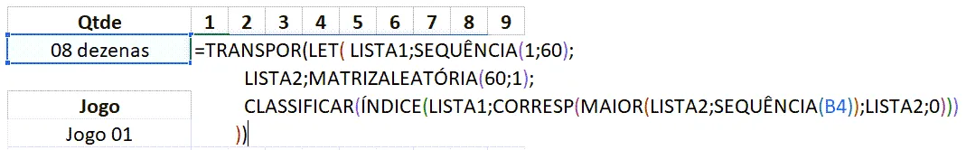 Planilha gerar numeros megasena Excel formula