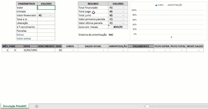 Planilha de financiamento SAC e Price com carência e parcelas extras