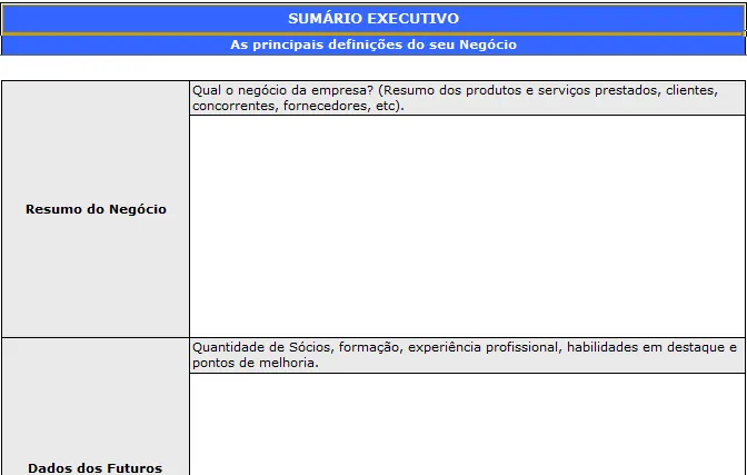 Plano de negócios no Excel
