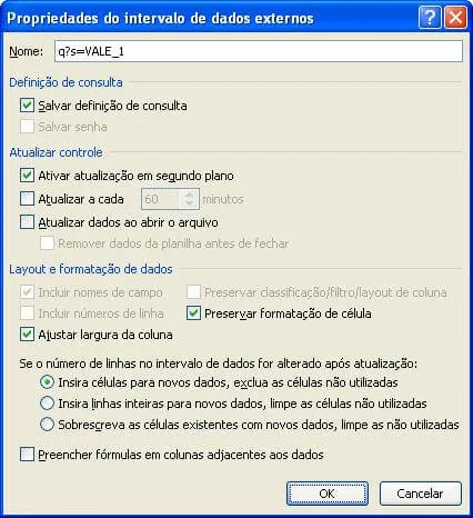 Excel obter dados externos da Web