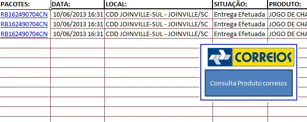 Planilha Excel de rastreamento de pacotes do correio - Versão 2