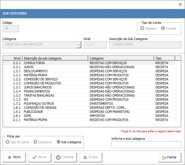 Sistema de contas a pagar e a receber com fluxo de caixa 2 subcategoria