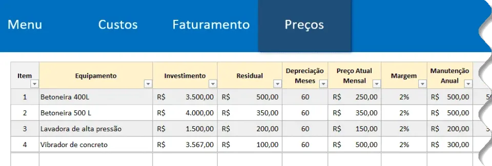Planilha de Cálculo de preços de Locação de Equipamentos Excel 3