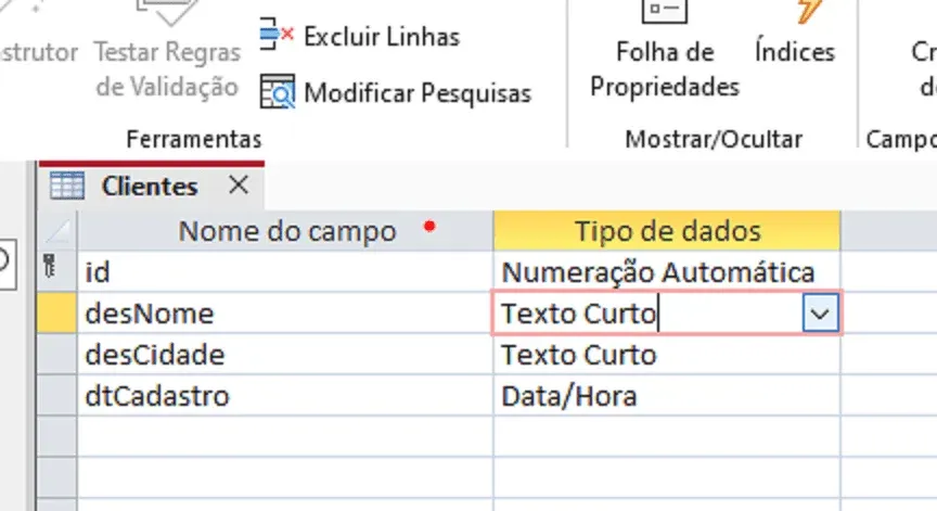 criar campos tabela access
