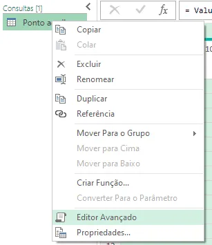 Menu de contexto do Power Query mostrando a opção Editor Avançado