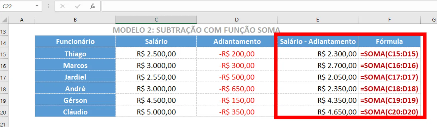 subtrair excel