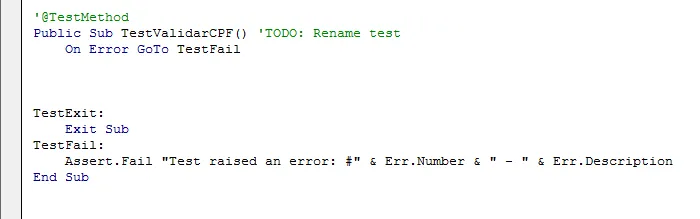 Teste unitário Excel VBA