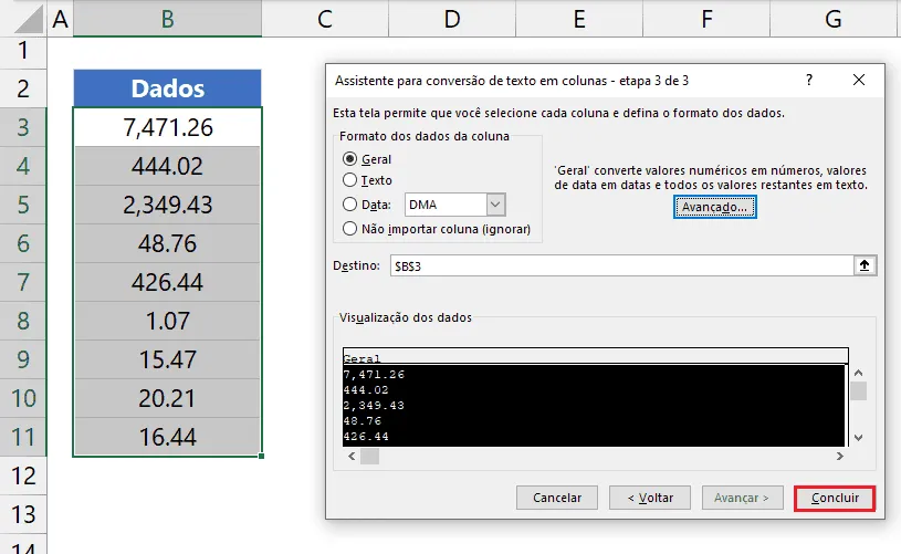 texto para colunas excel 13