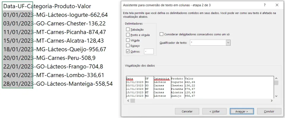 texto para colunas excel 2
