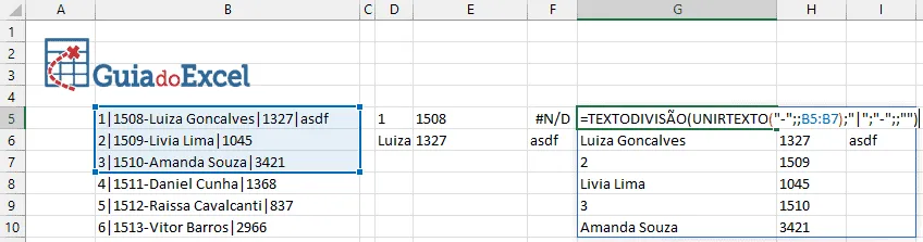 TextoDivisão TextSplit Excel 2