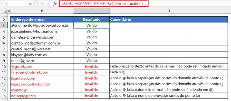 Validar e-mail com fórmula Excel 1