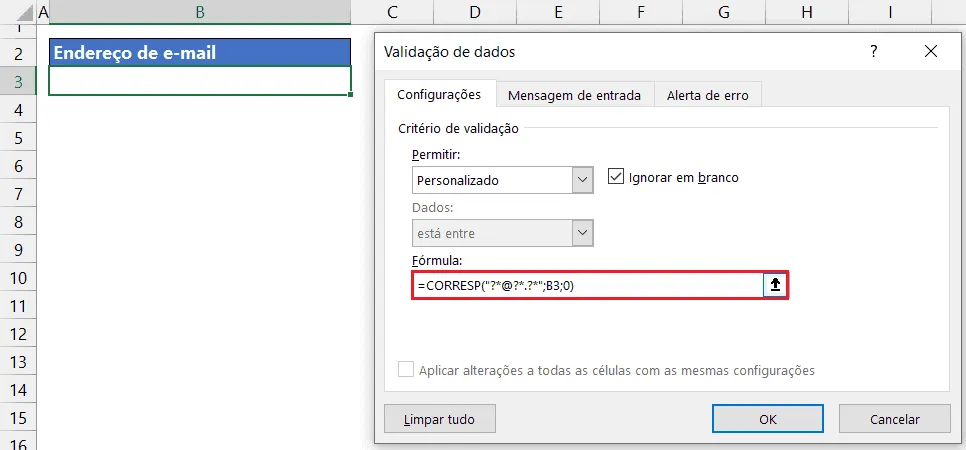 Validar e-mail com fórmula Excel 2