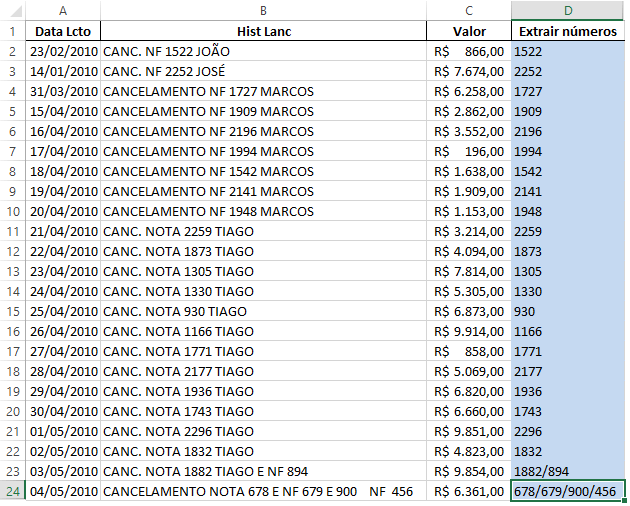 Extrair números de células no Excel 1