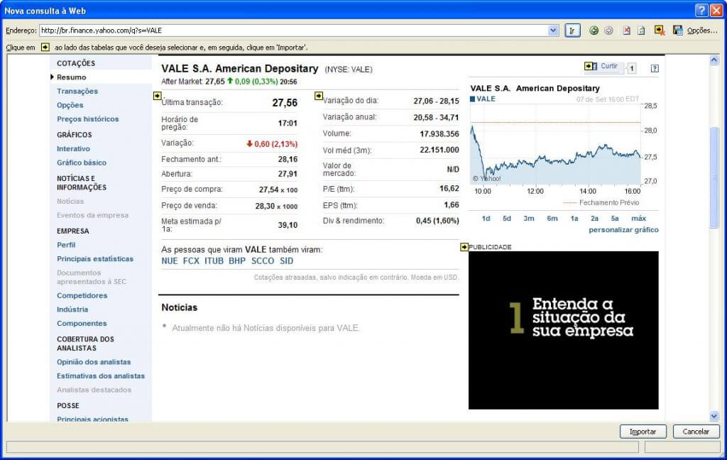 Excel obter dados externos da Web